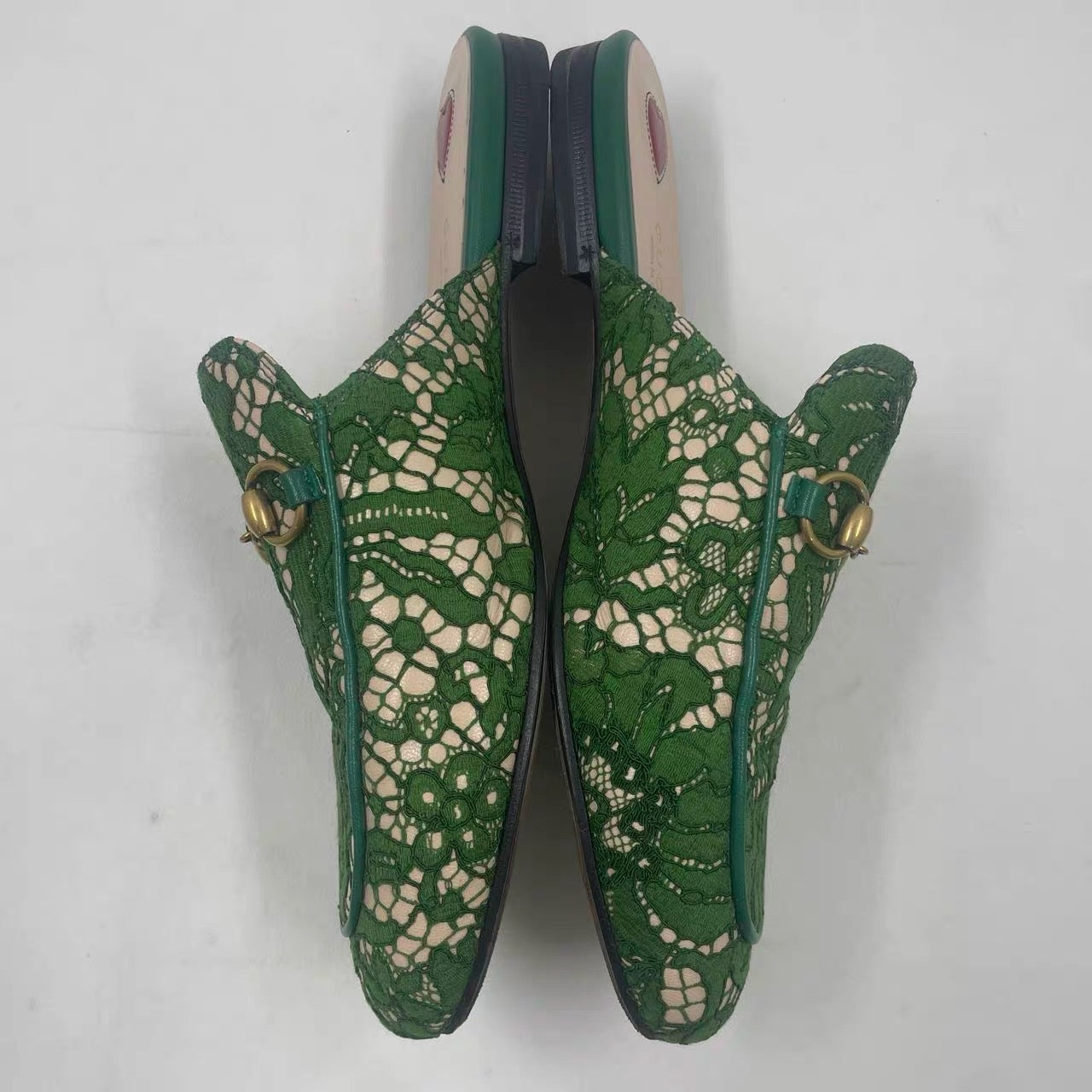 Gucci Princetown Horsebit Mules in Green Lace Leather UK5/ EU38