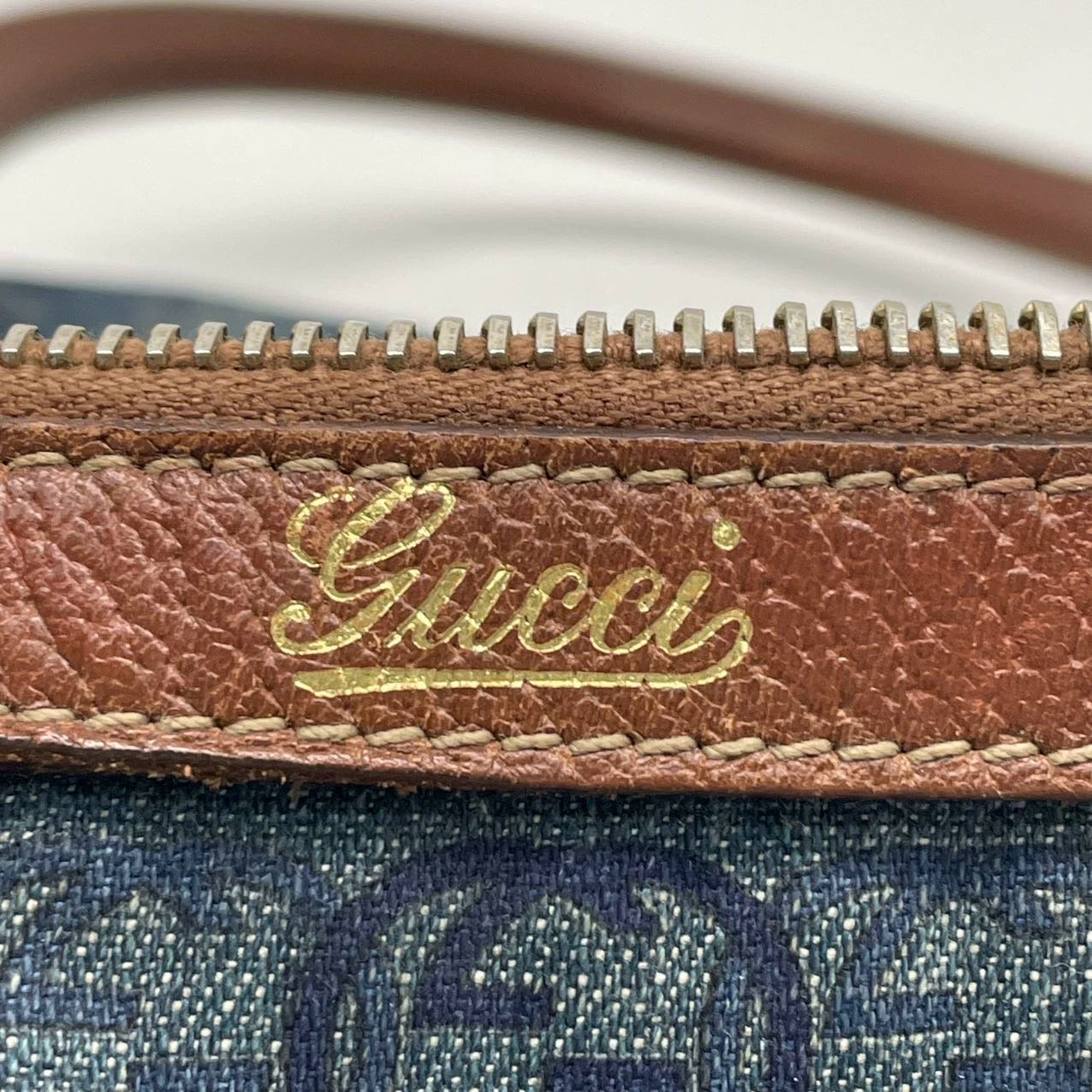 Gucci Boston Abbey Interlocking Logo Joy Blue Denim Satchel