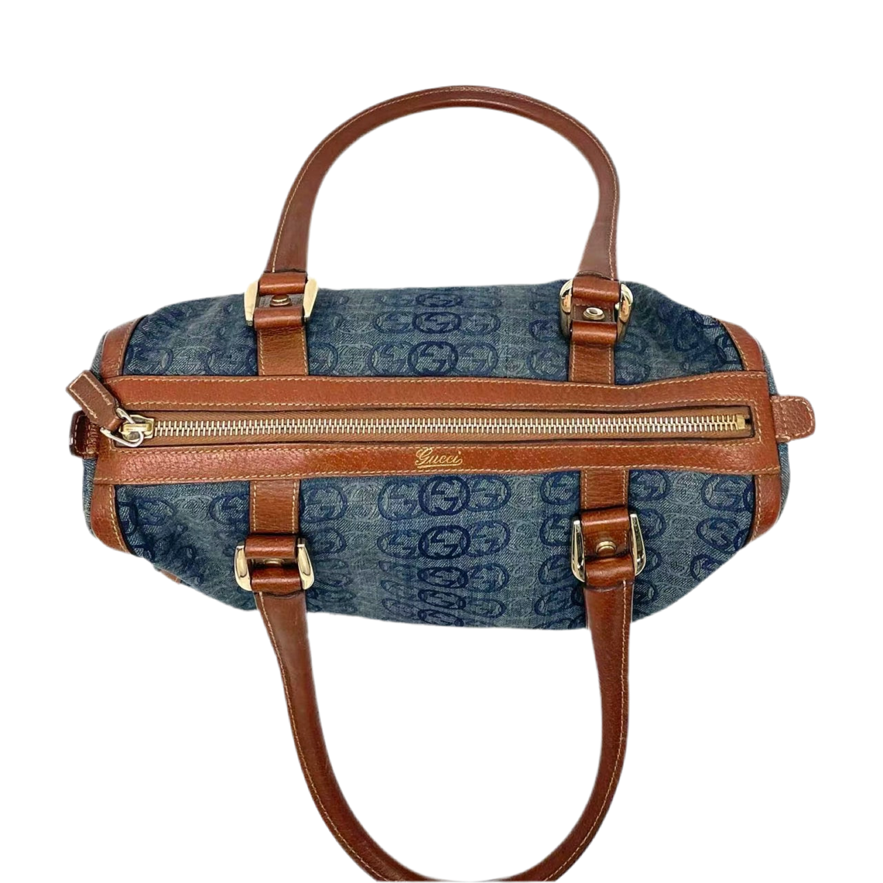 Gucci Boston Abbey Interlocking Logo Joy Blue Denim Satchel