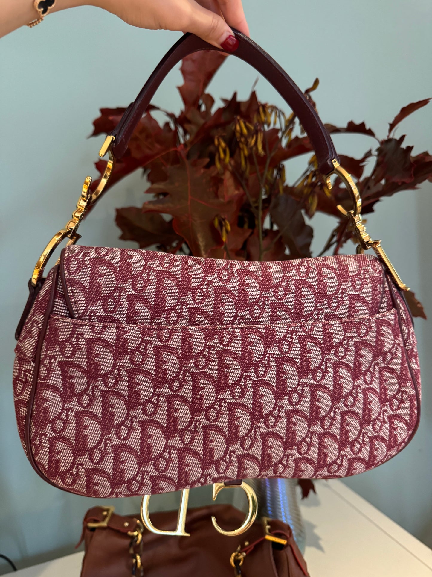 Dior double saddle bag in burgundy red 