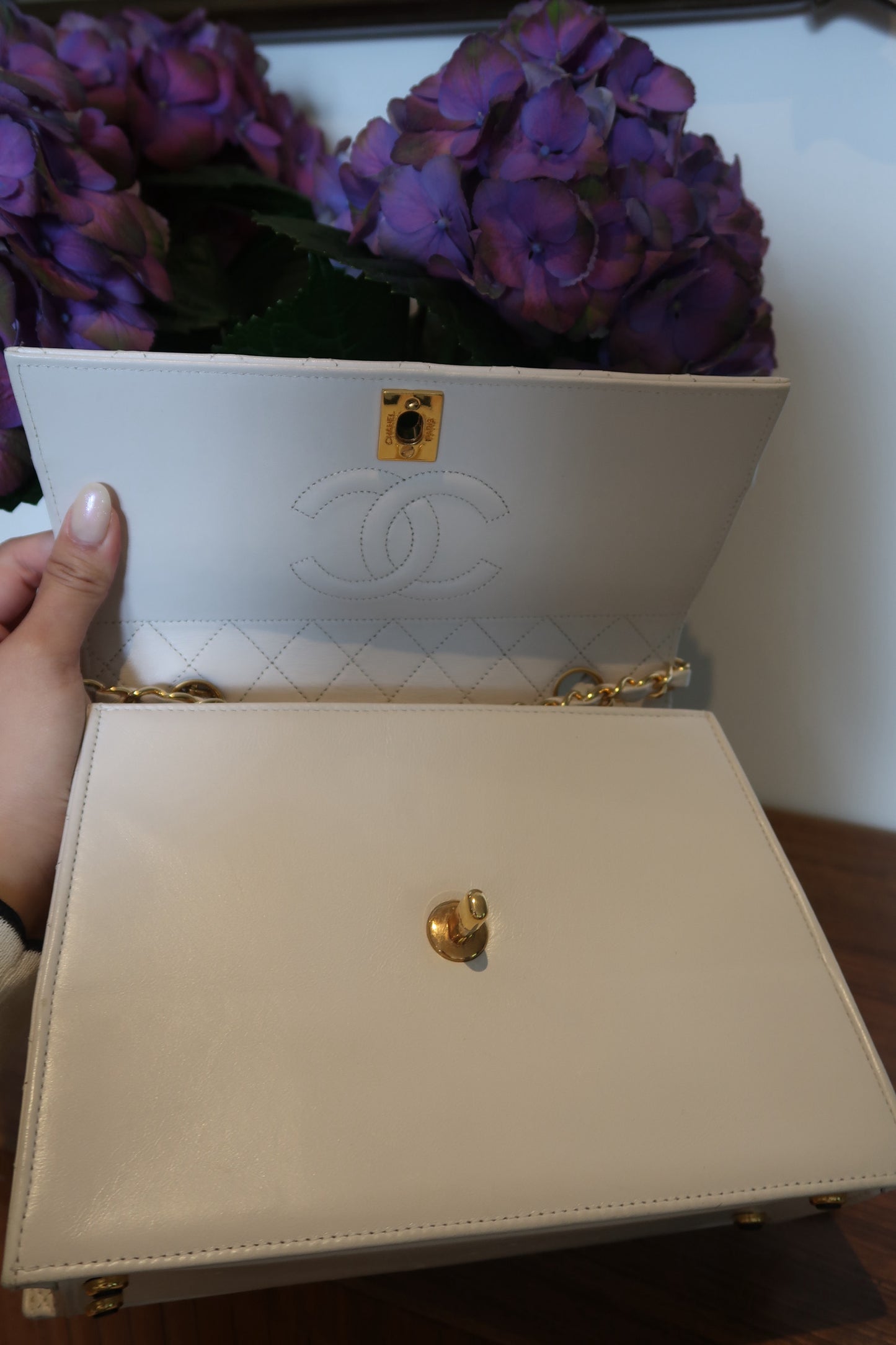 Chanel Vintage 1991 White Quilted Lambskin Trapezoid 24K Gold CC Bag
