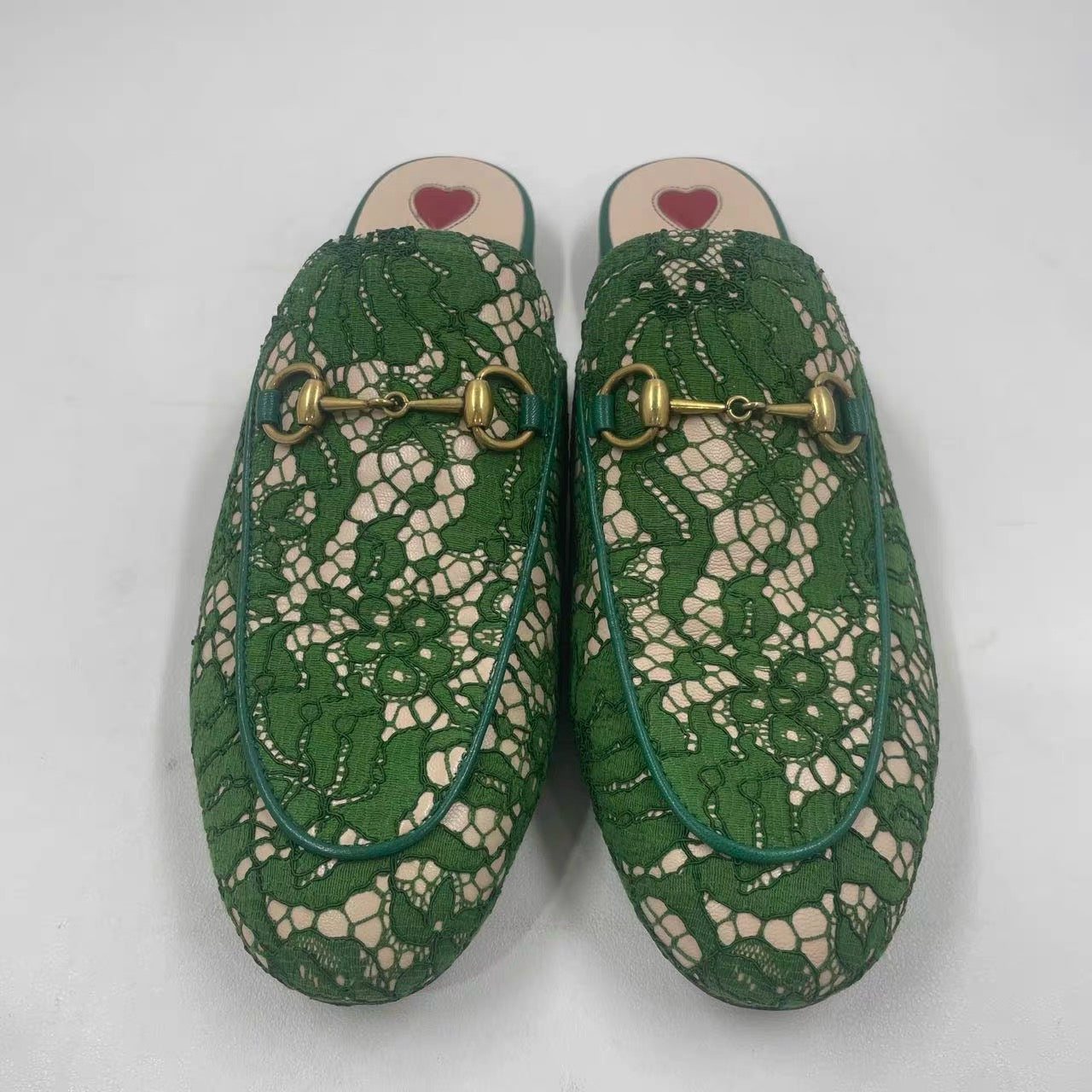 Gucci Princetown Horsebit Mules in Green Lace Leather UK5/ EU38