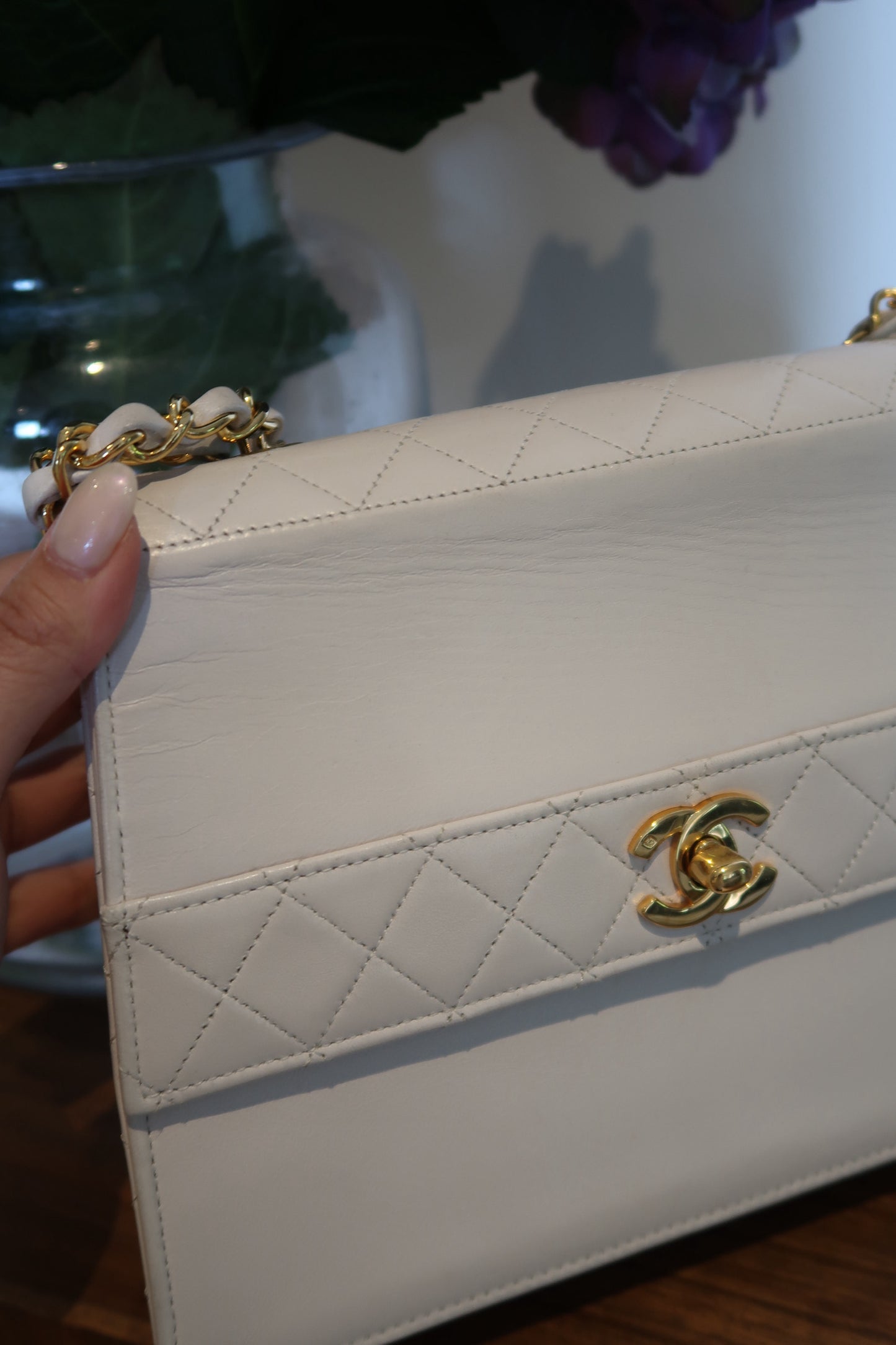 Chanel Vintage 1991 White Quilted Lambskin Trapezoid 24K Gold CC Bag