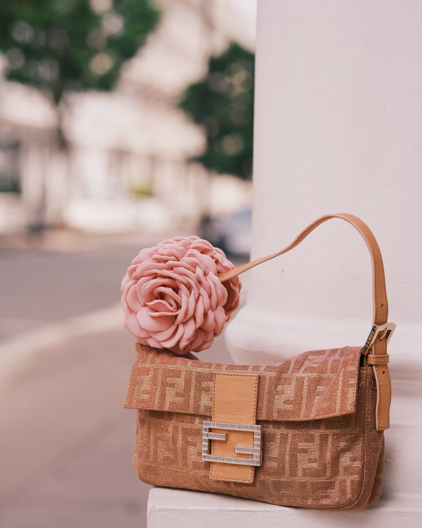 Fendi Baguette Iridescent glitter Pink Zucca Print with Crystal Buckle