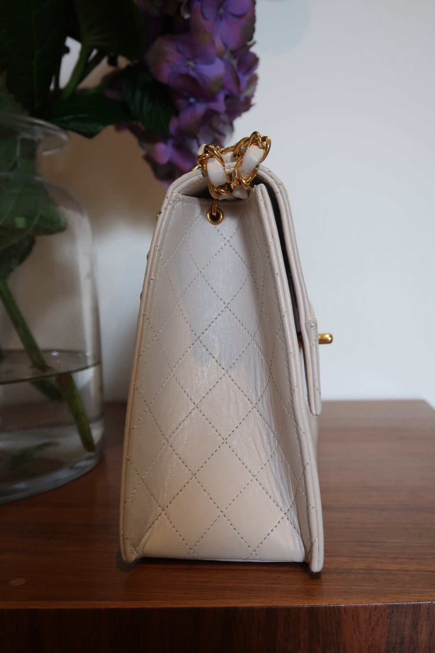 Chanel Vintage 1991 White Quilted Lambskin Trapezoid 24K Gold CC Bag