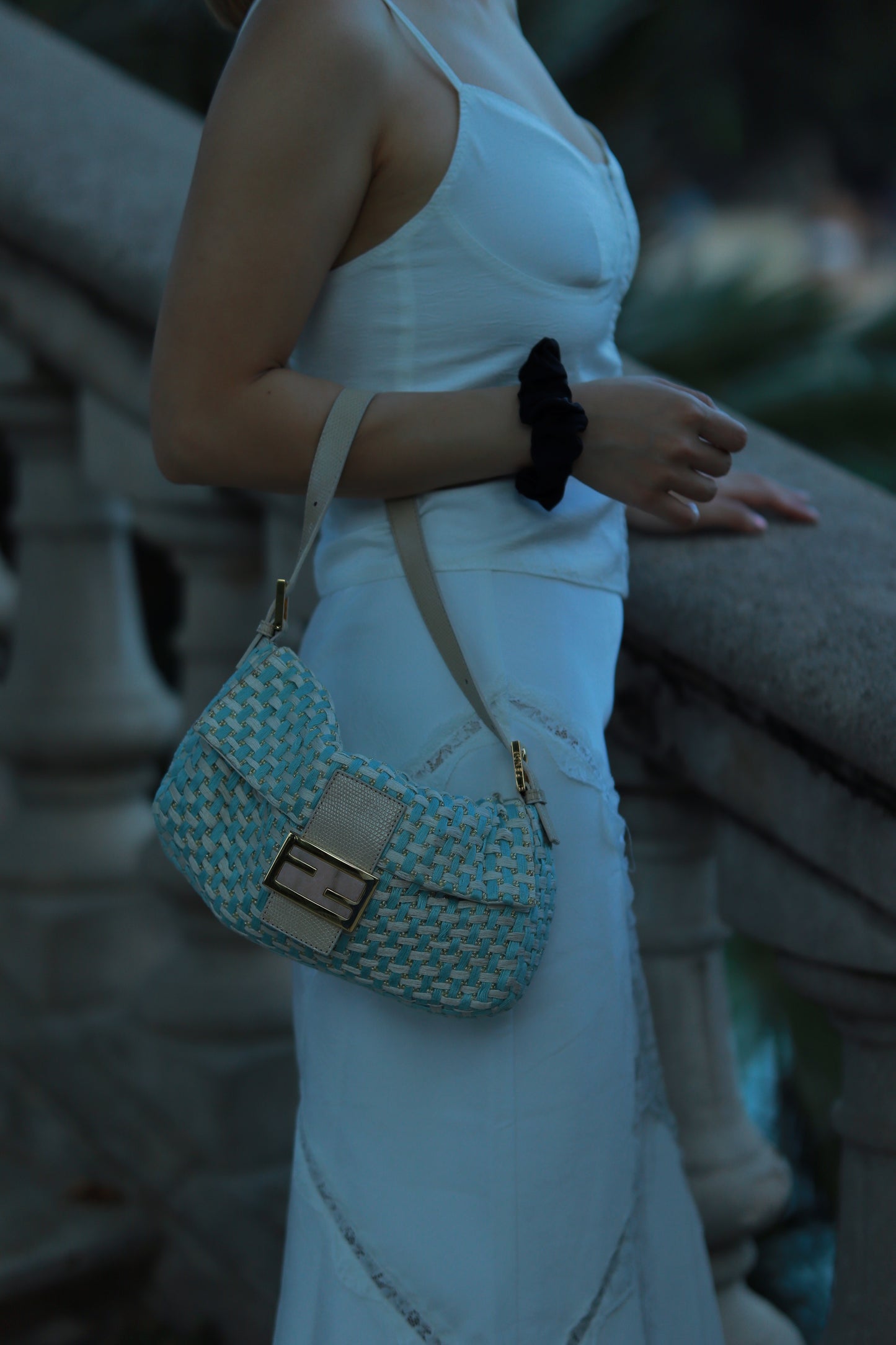 FENDI Baby Blue Braided Baguette Bag with Exotic Leather