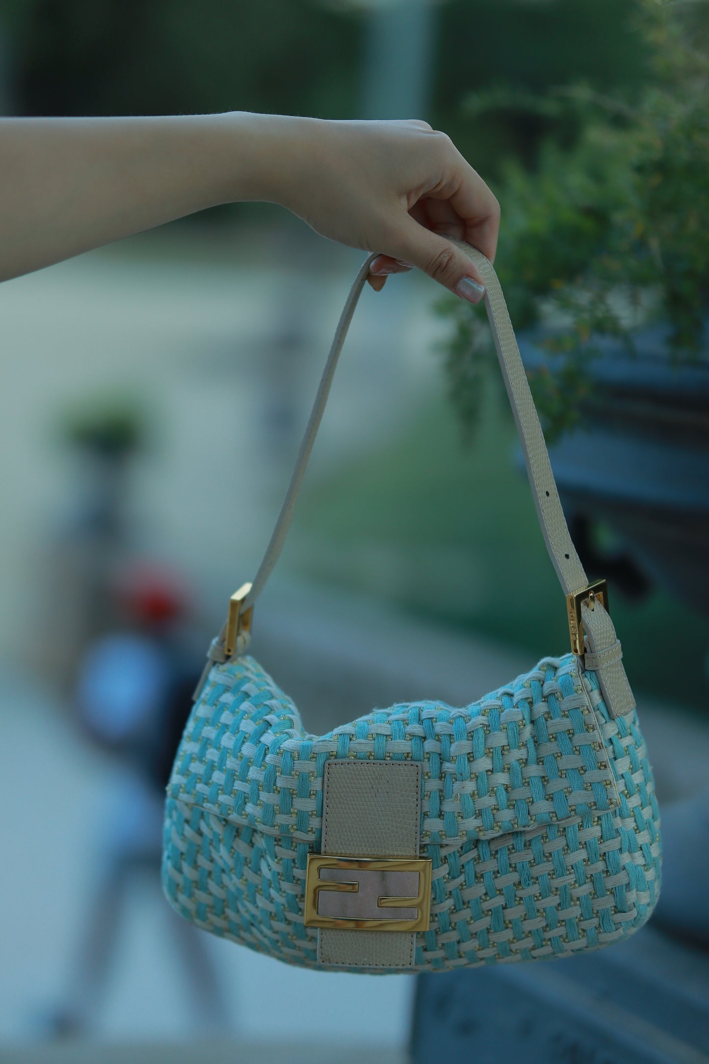 FENDI Baby Blue Braided Baguette Bag with Exotic Leather