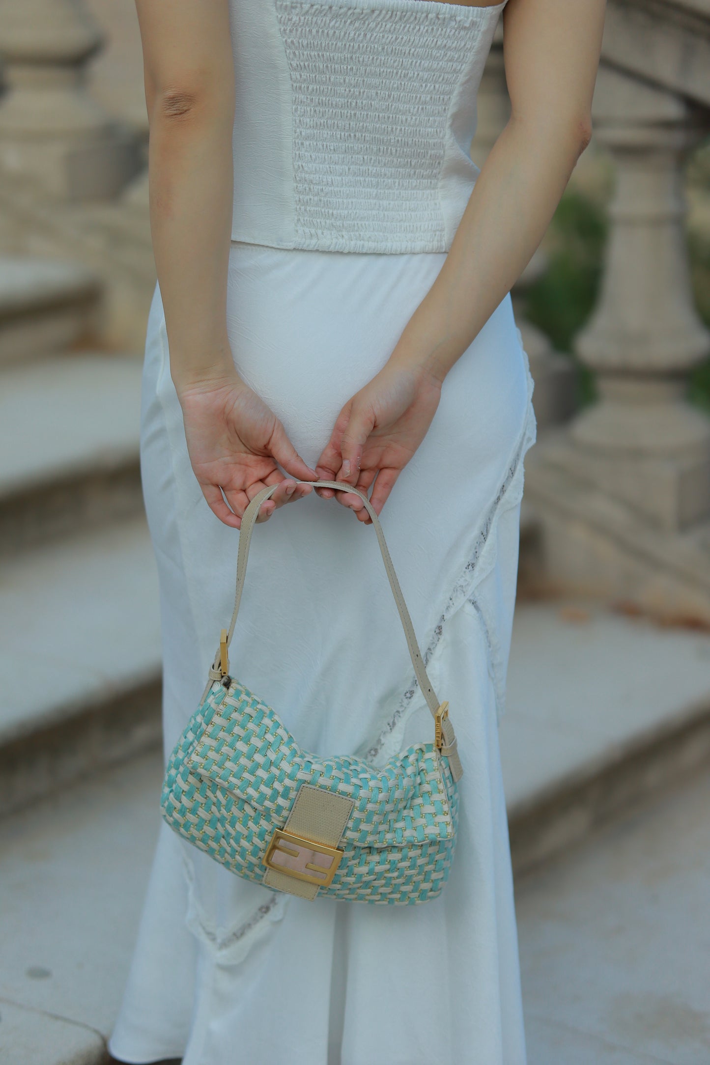 FENDI Baby Blue Braided Baguette Bag with Exotic Leather