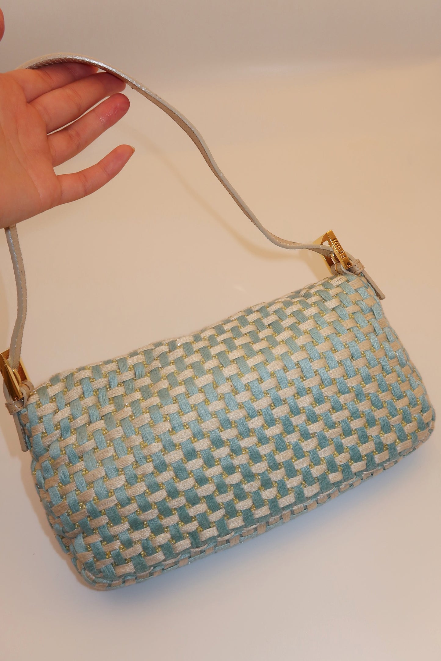 FENDI Baby Blue Braided Baguette Bag with Exotic Leather