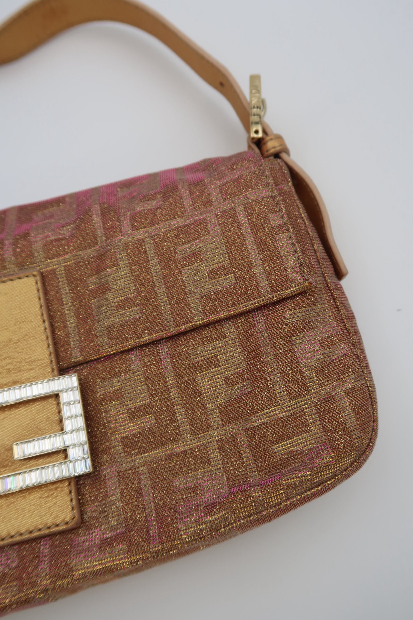 Fendi Baguette Iridescent glitter Pink Zucca Print with Crystal Buckle