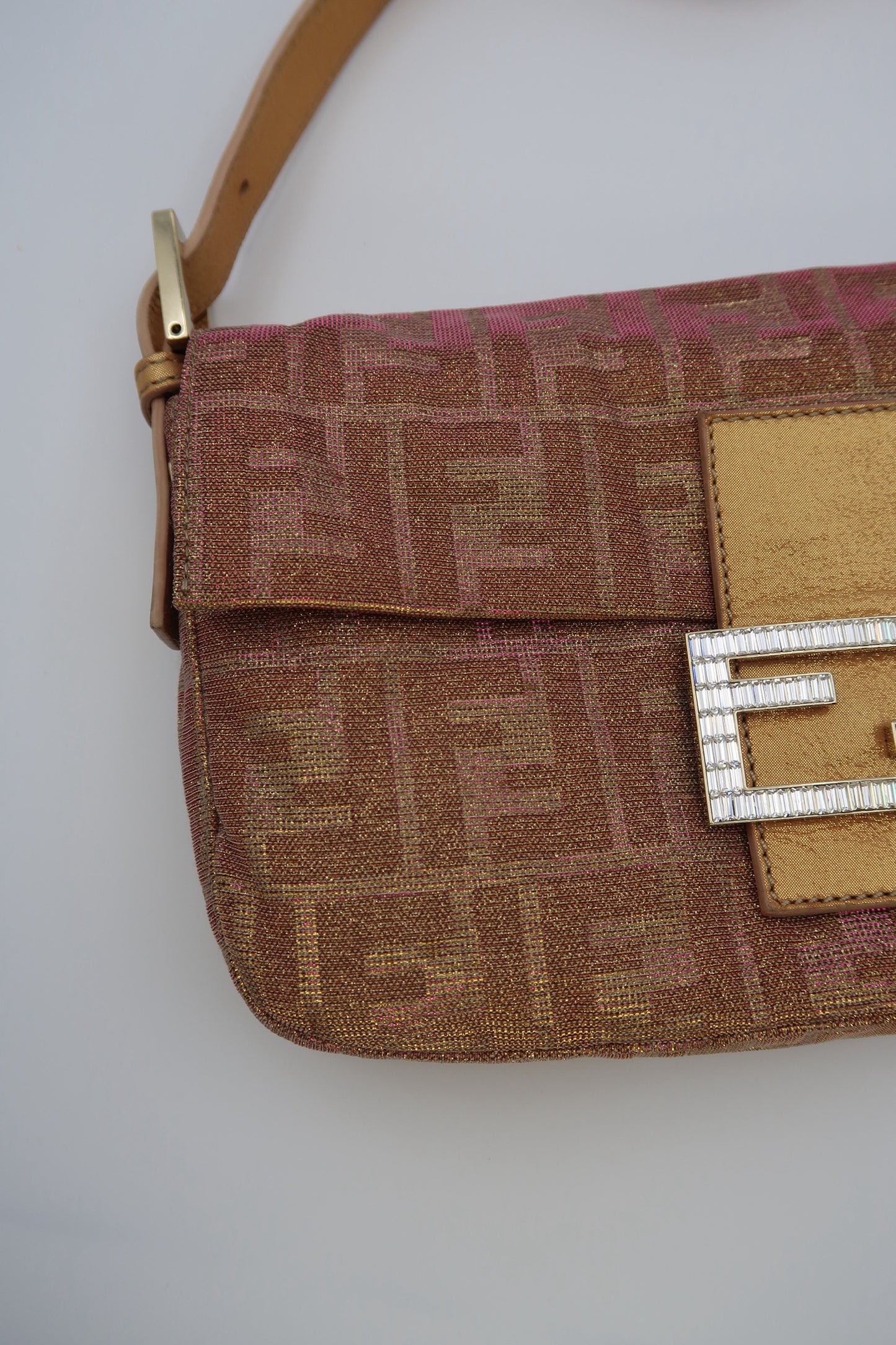 Fendi Baguette Iridescent glitter Pink Zucca Print with Crystal Buckle