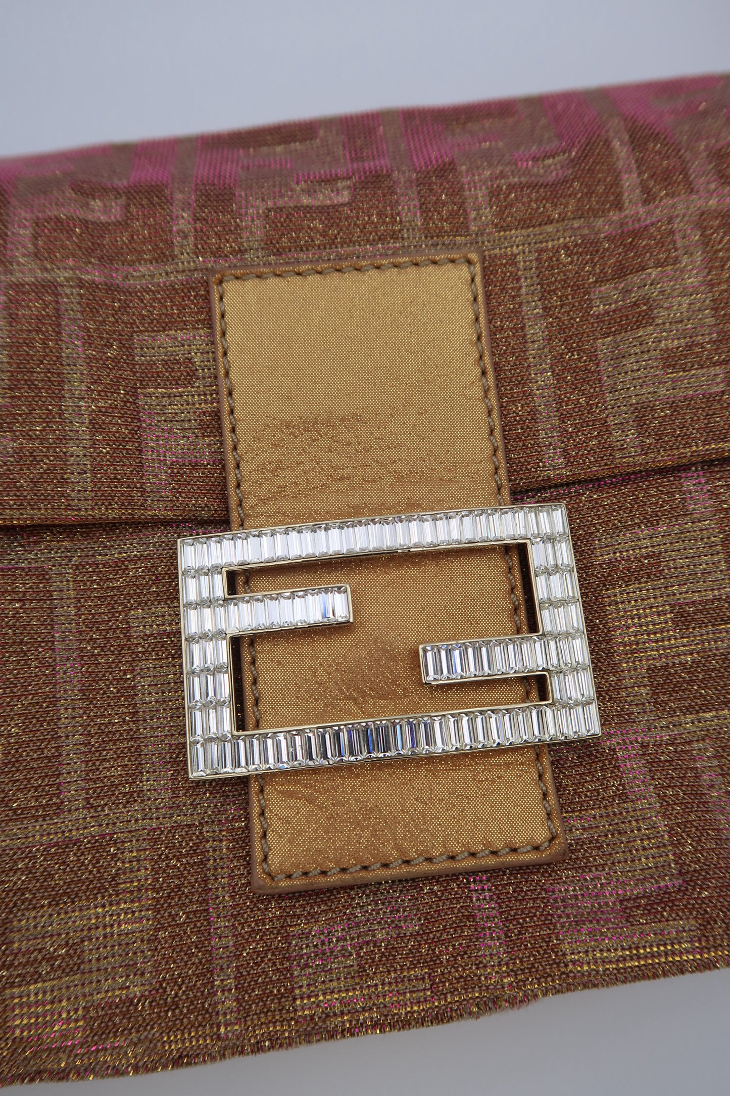 Fendi Baguette Iridescent glitter Pink Zucca Print with Crystal Buckle