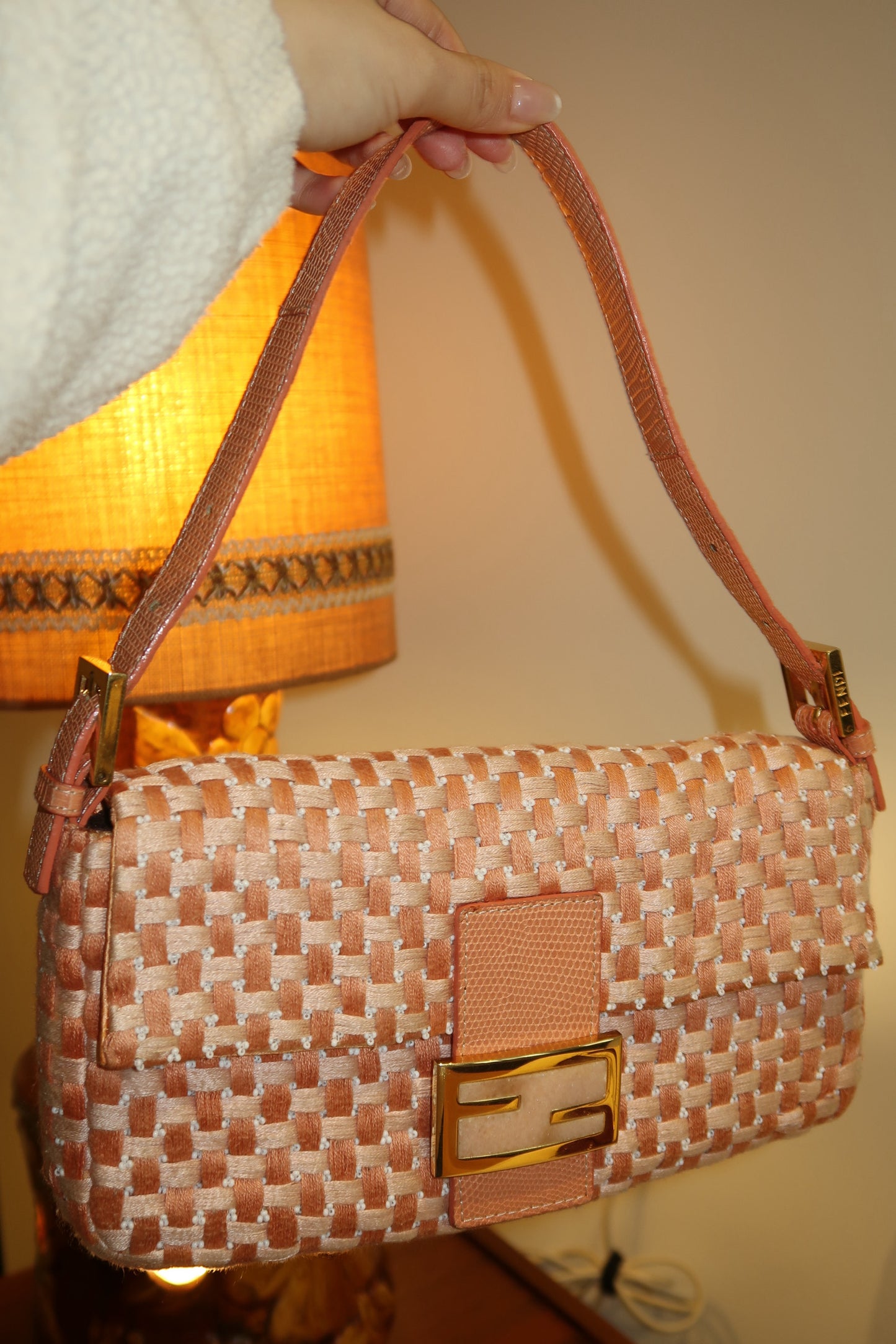 FENDI Grapefruit Pink Braided Baguette Bag with Exotic Leather