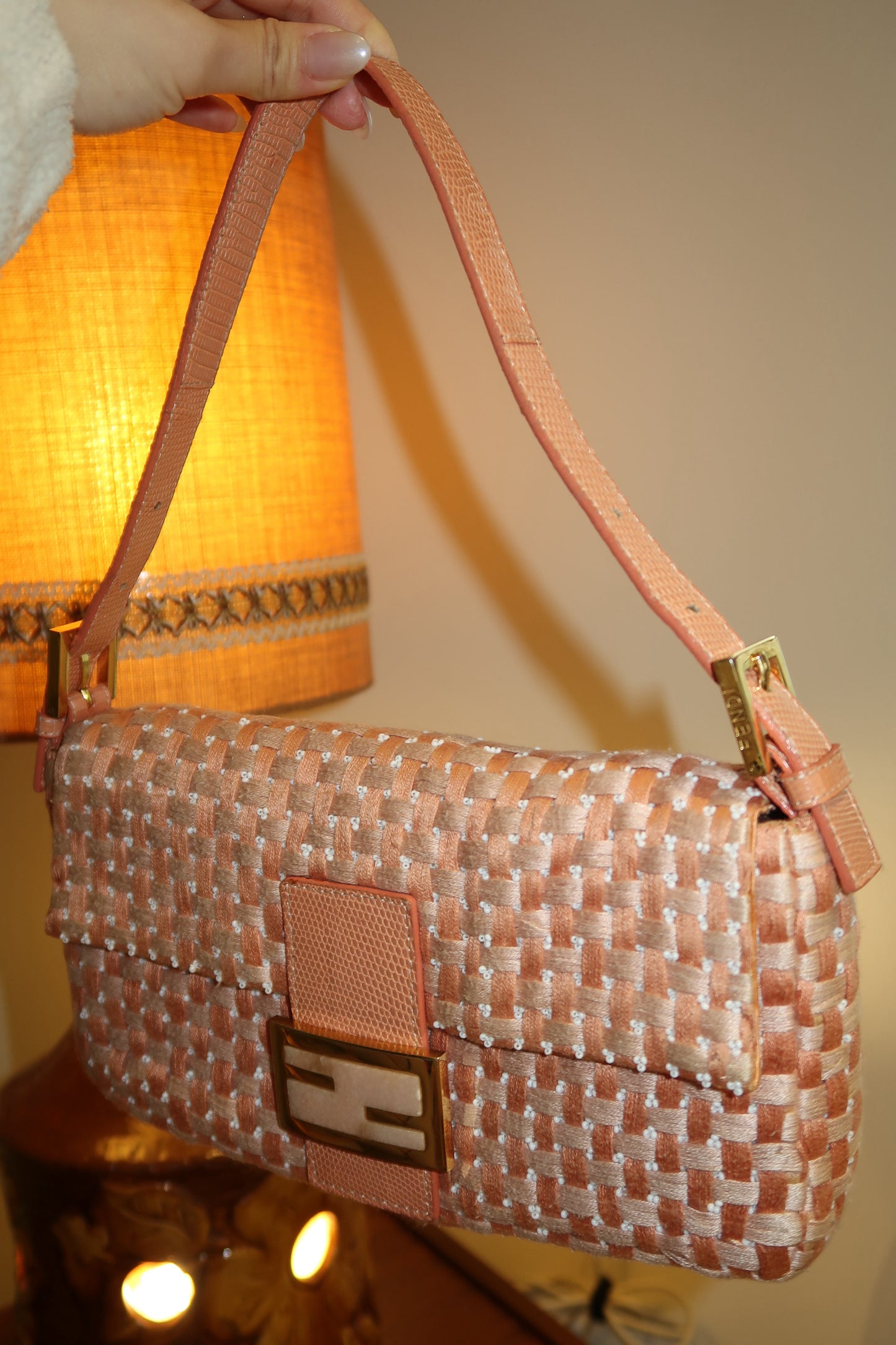 FENDI Grapefruit Pink Braided Baguette Bag with Exotic Leather