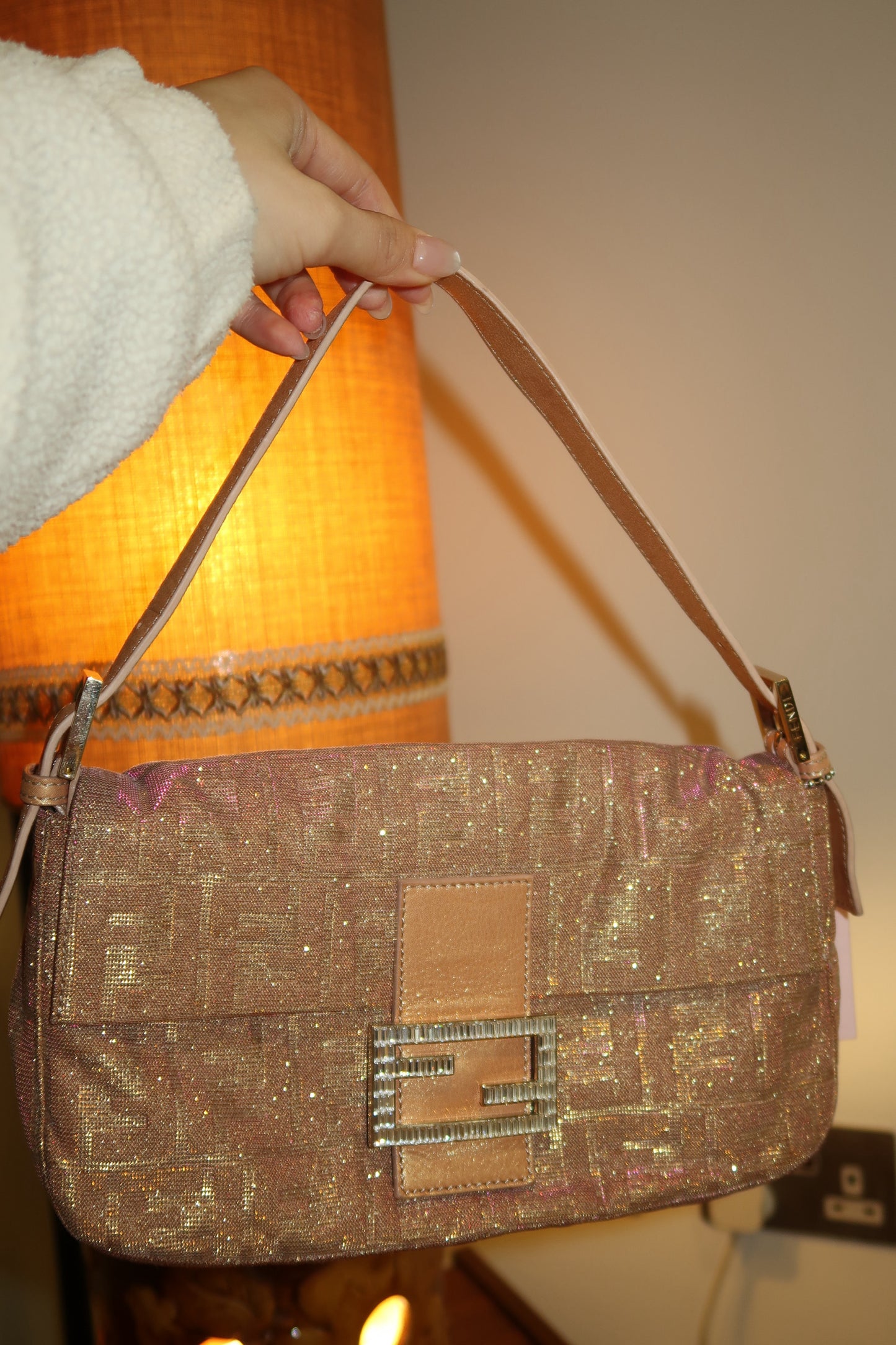 Fendi Baguette Iridescent glitter Pink Zucca Print with Crystal Buckle