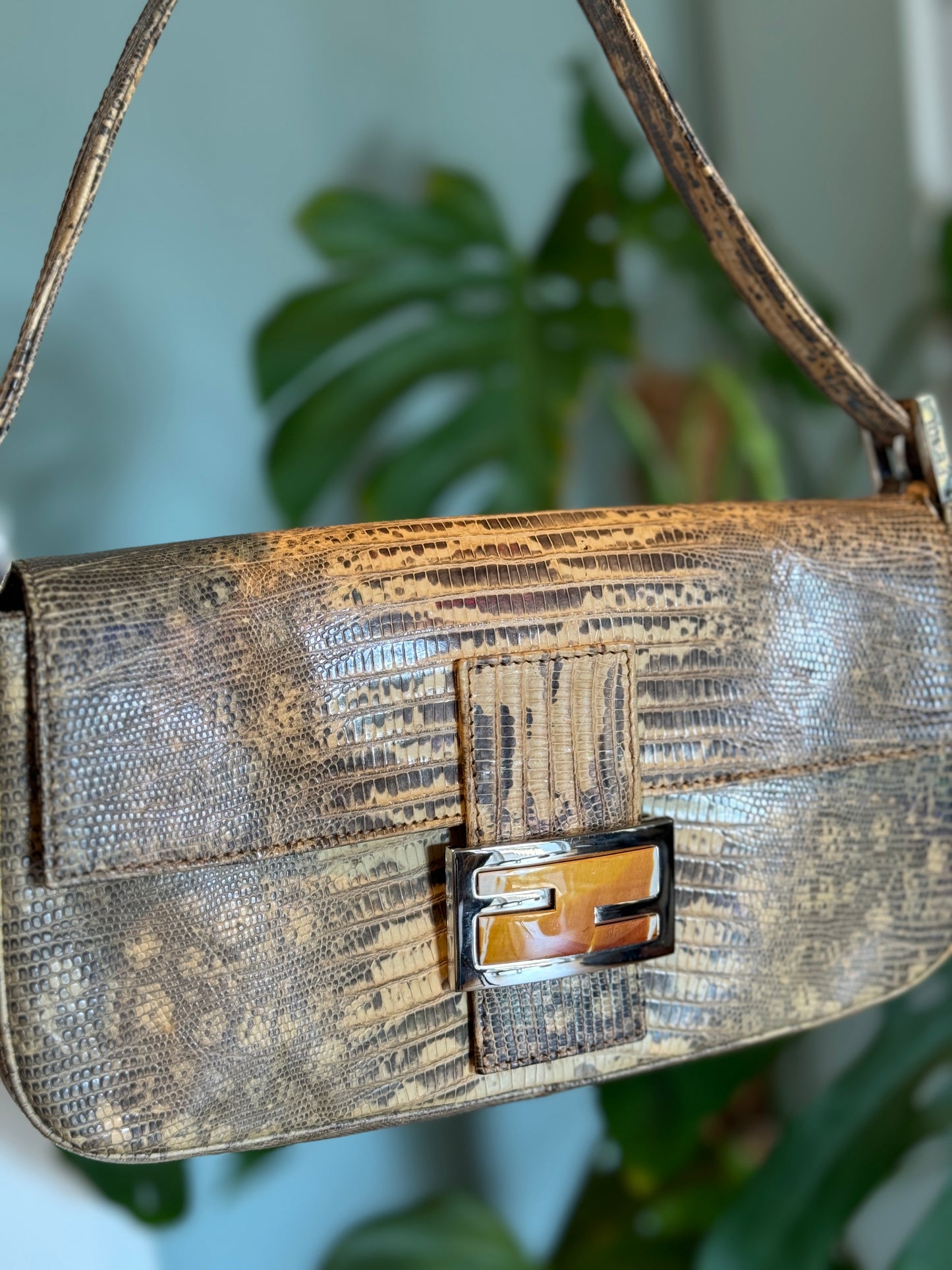 Fendi Iridescent Tan Brown Lizard Leather Baguette Top Handle Shoulder Bag