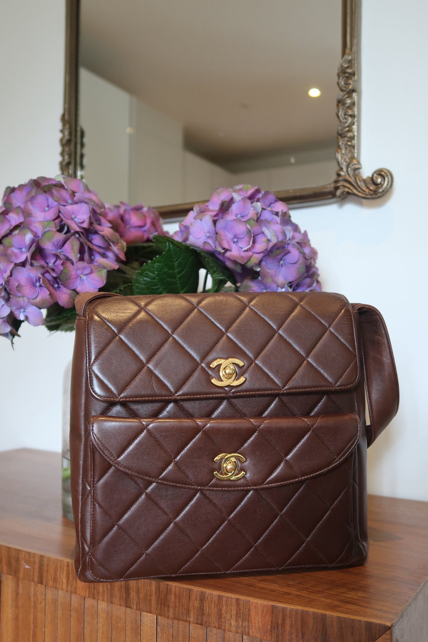 Rare Vintage Chanel double turn lock quilted lambskin shoulder bag