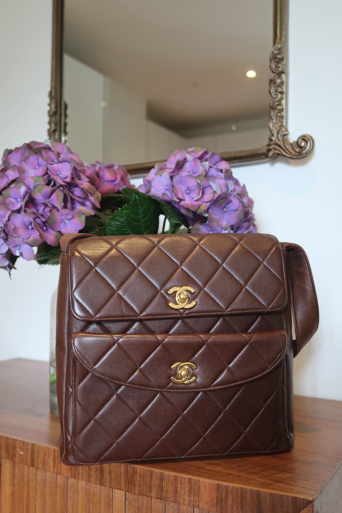 Rare Vintage Chanel double turn lock quilted lambskin shoulder bag 