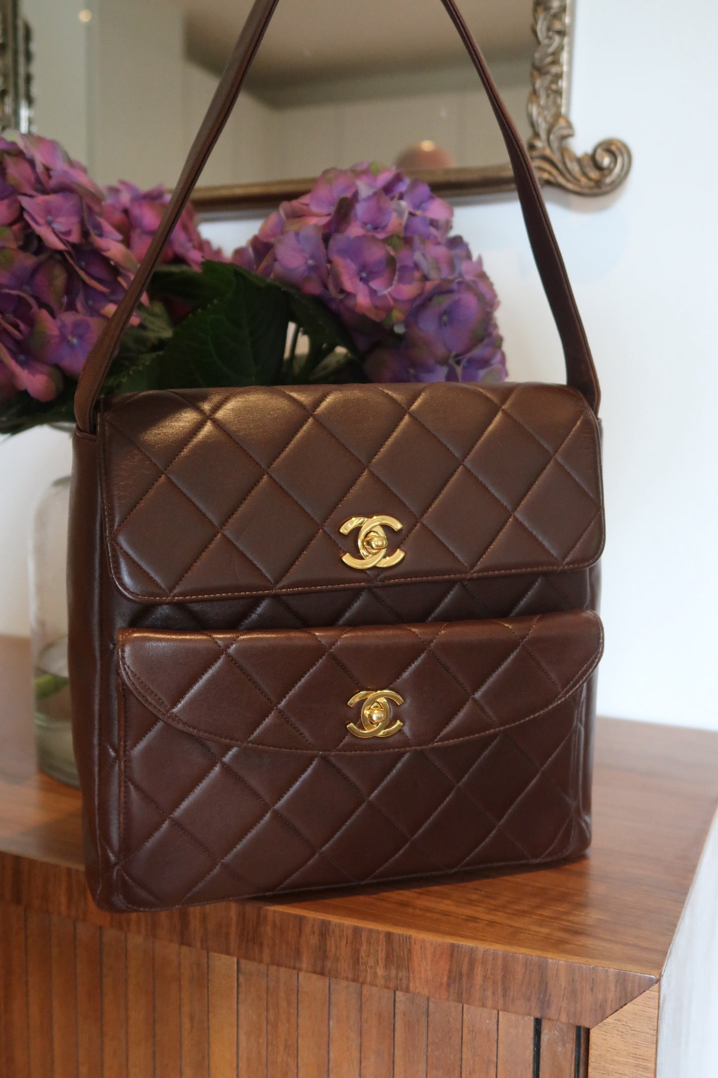 Rare Vintage Chanel double turn lock quilted lambskin shoulder bag