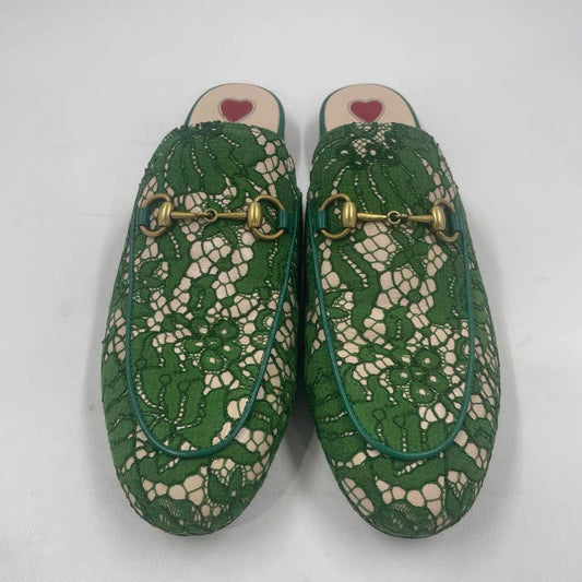 Gucci Princetown Horsebit Mules in Green Lace Leather UK5/ EU38