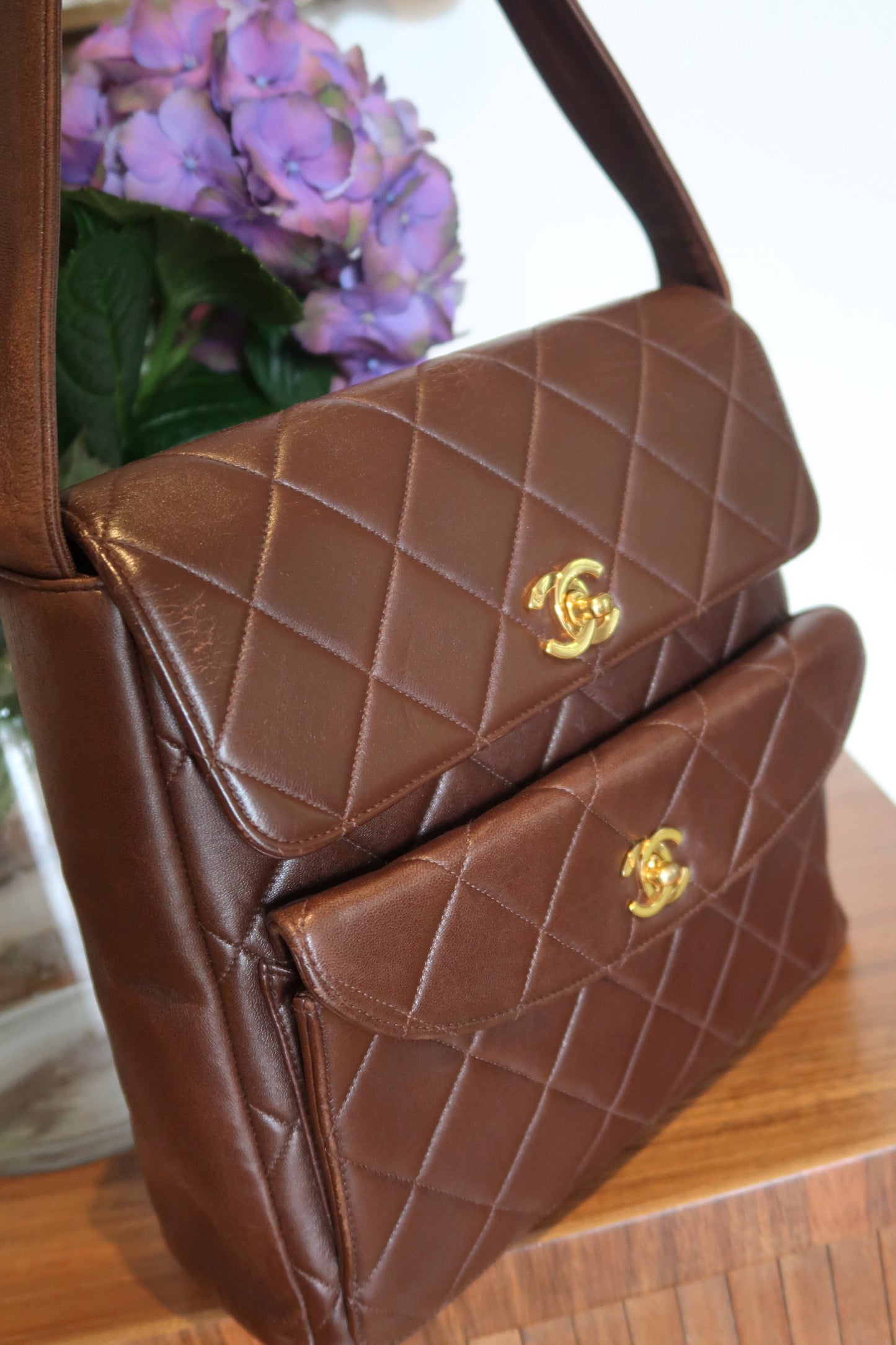 Rare Vintage Chanel double turn lock quilted lambskin shoulder bag