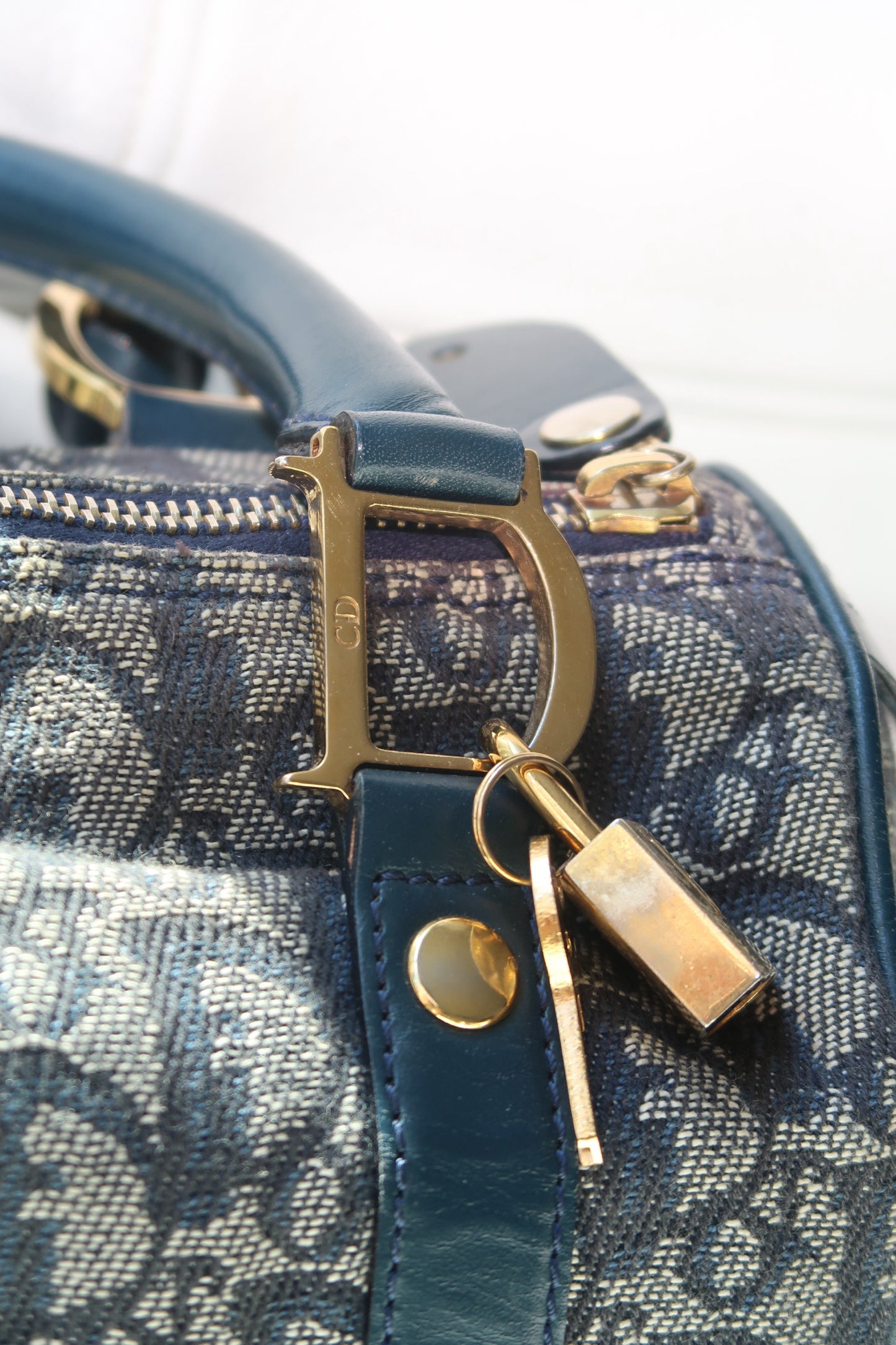 Vintage Christian Dior Blue Monogram Boston Bag with Gold Hardware