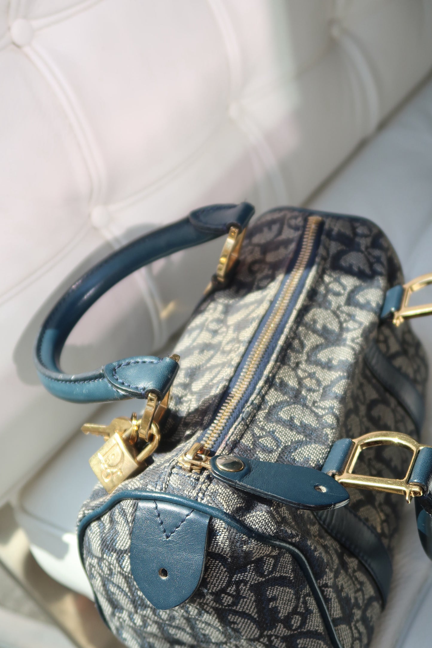 Vintage Christian Dior Blue Monogram Boston Bag with Gold Hardware