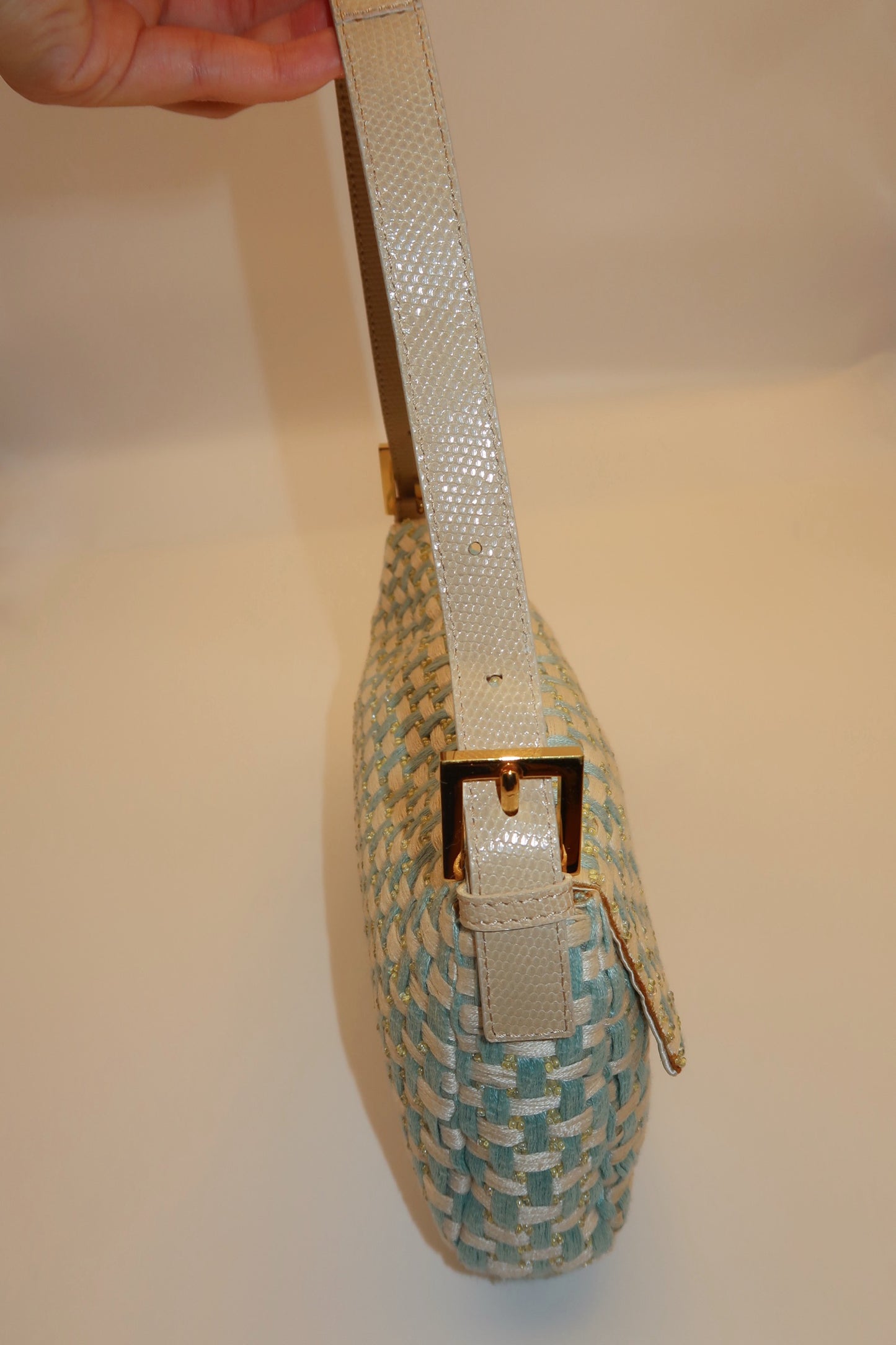 FENDI Baby Blue Braided Baguette Bag with Exotic Leather