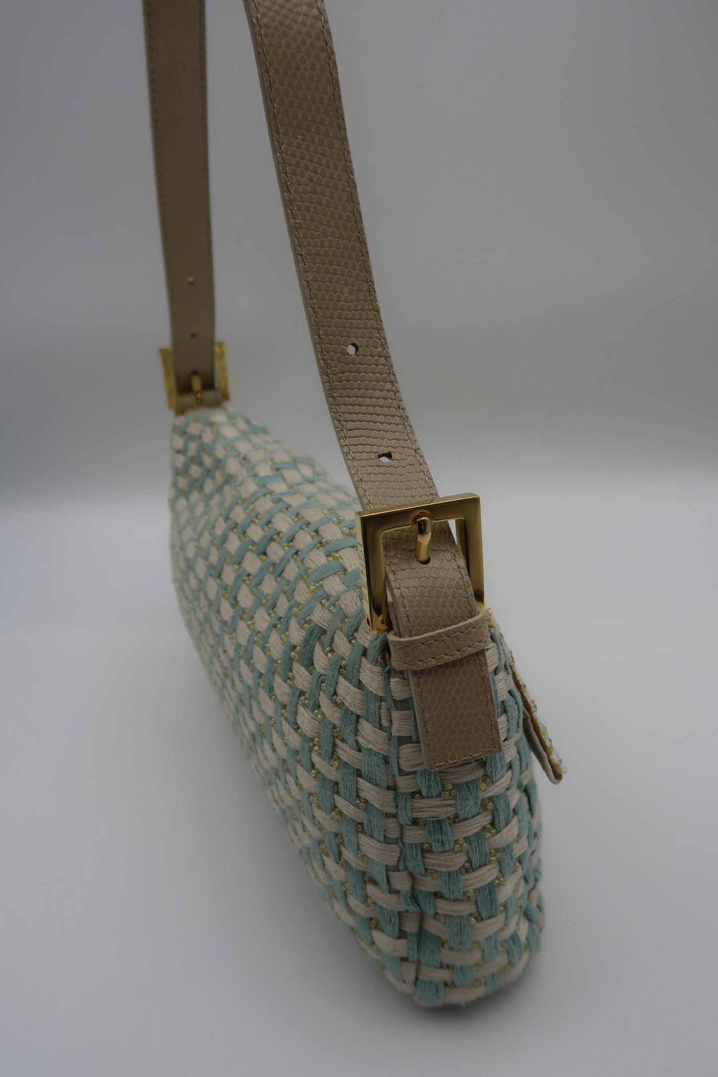 FENDI Baby Blue Braided Baguette Bag with Exotic Leather