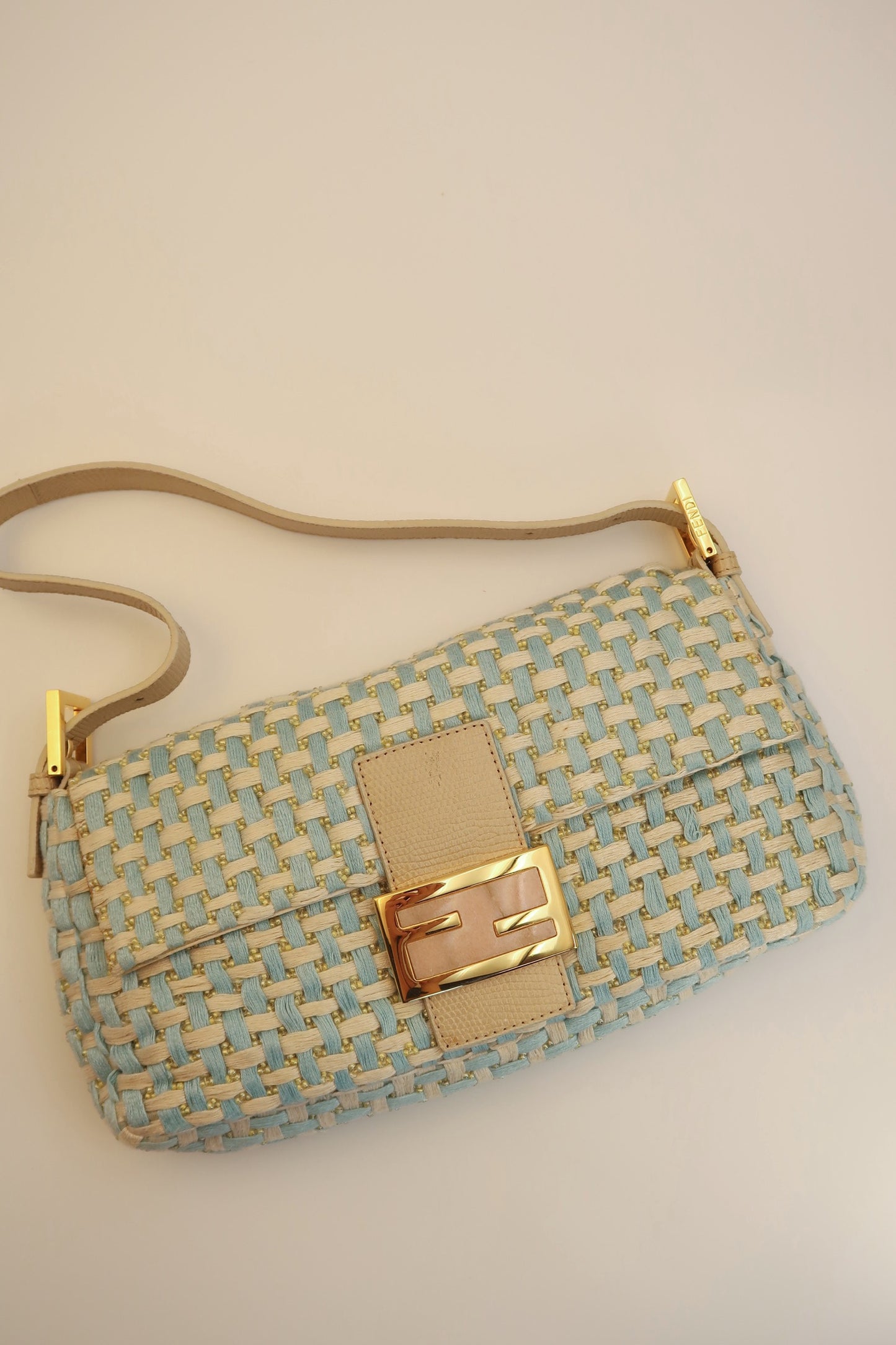 FENDI Baby Blue Braided Baguette Bag with Exotic Leather