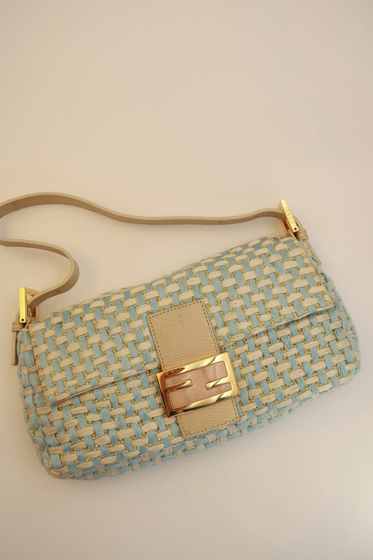 FENDI Baby Blue Braided Baguette Bag with Exotic Leather