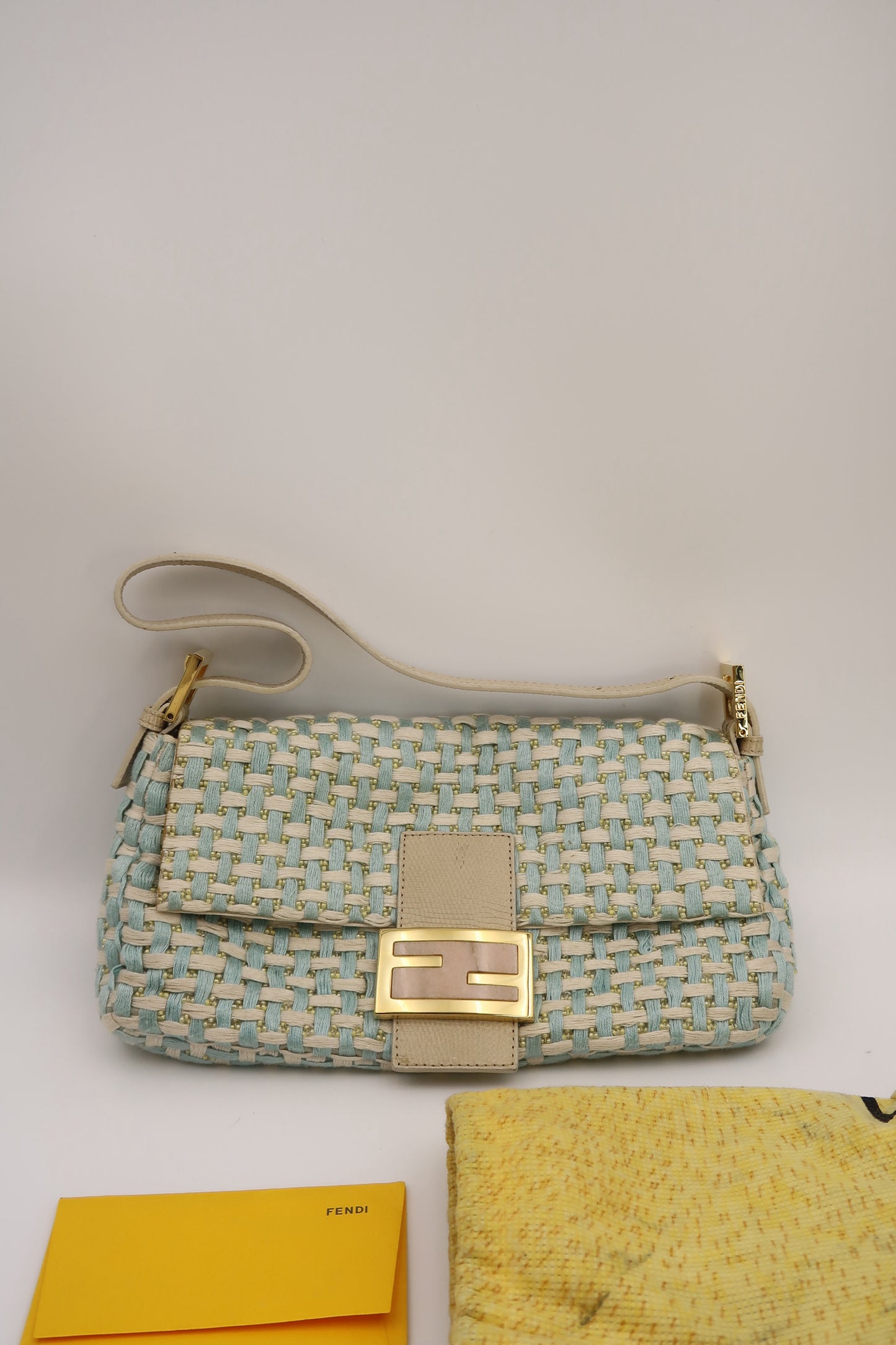 FENDI Baby Blue Braided Baguette Bag with Exotic Leather