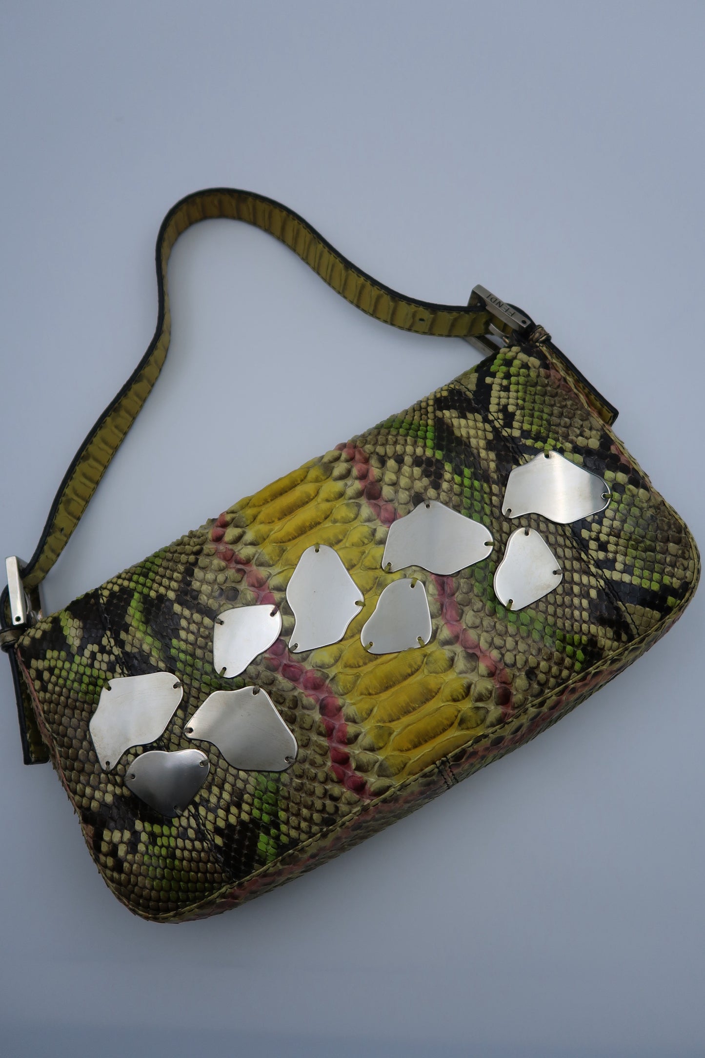 FENDI multi colour python snakeskin baguette with mirror detailing