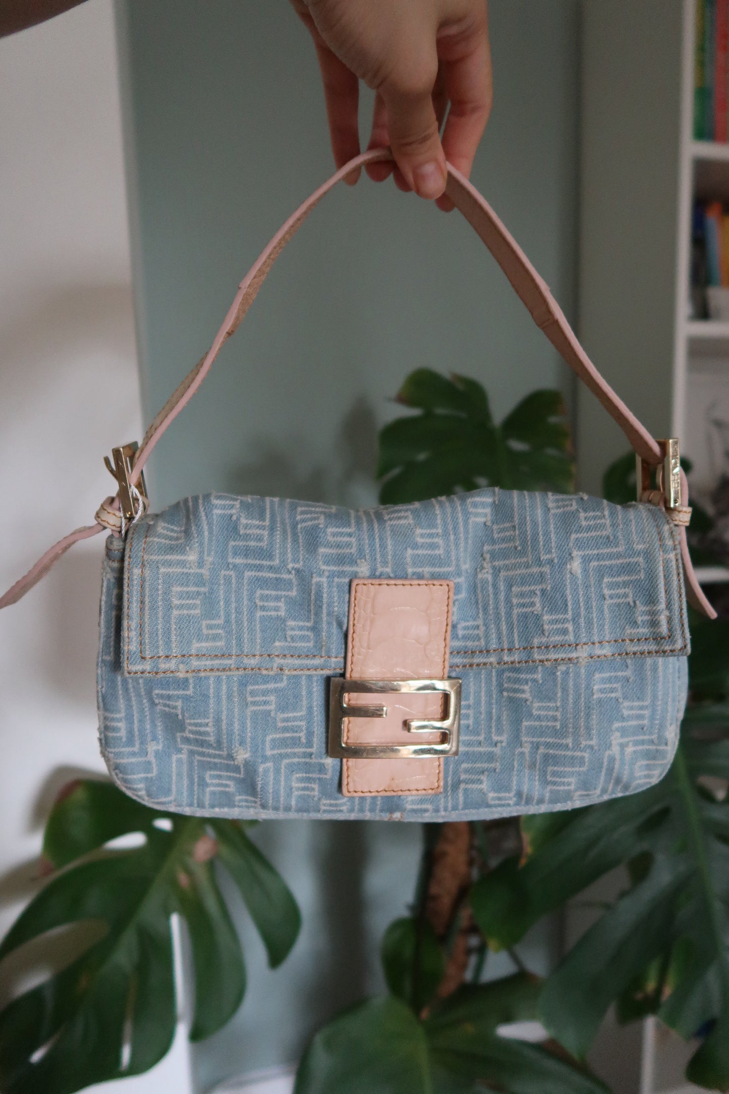 Vintage Fendi Frayed Denim Baguette Shoulder Bag