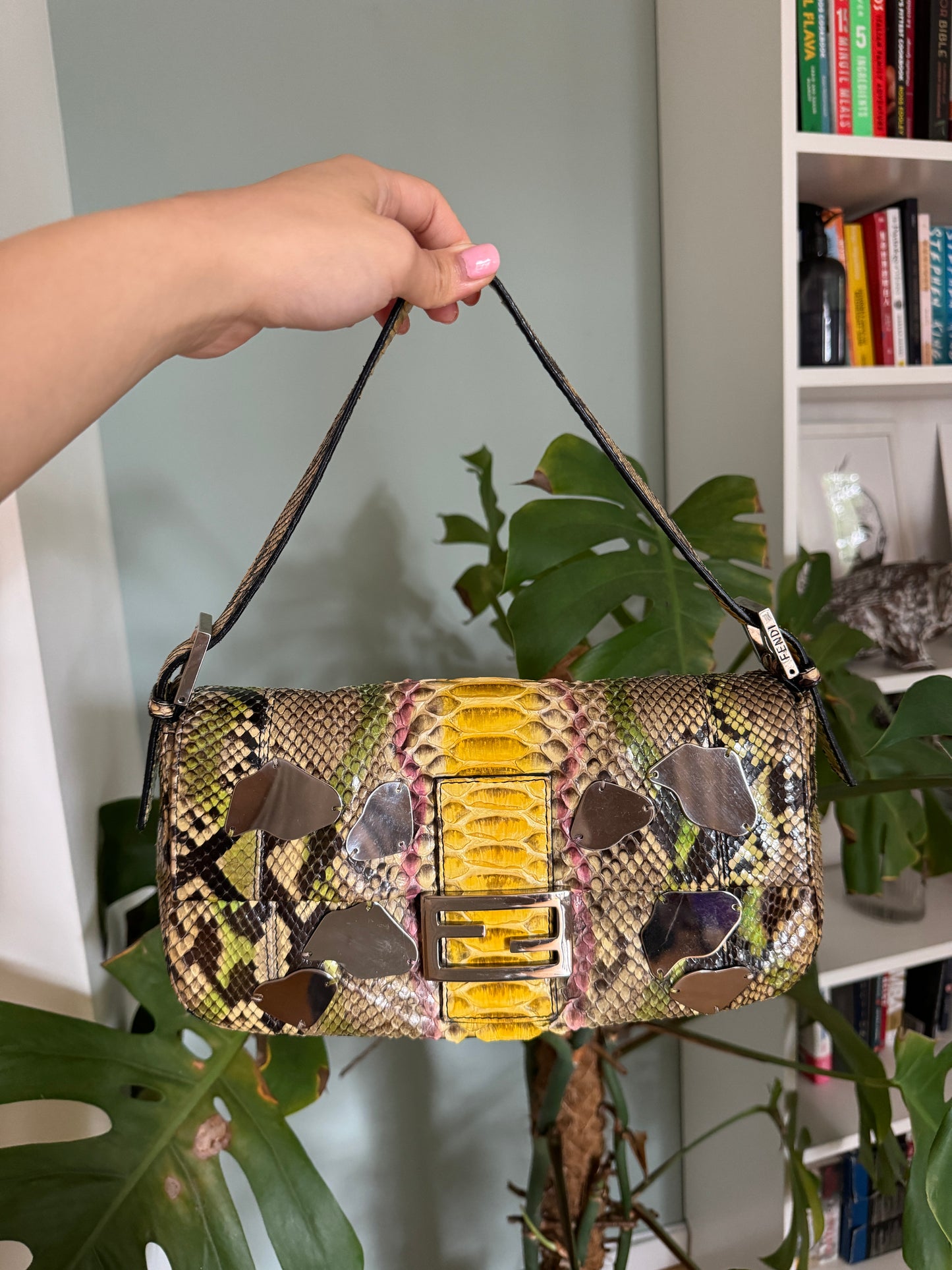 FENDI multi colour python snakeskin baguette with mirror detailing