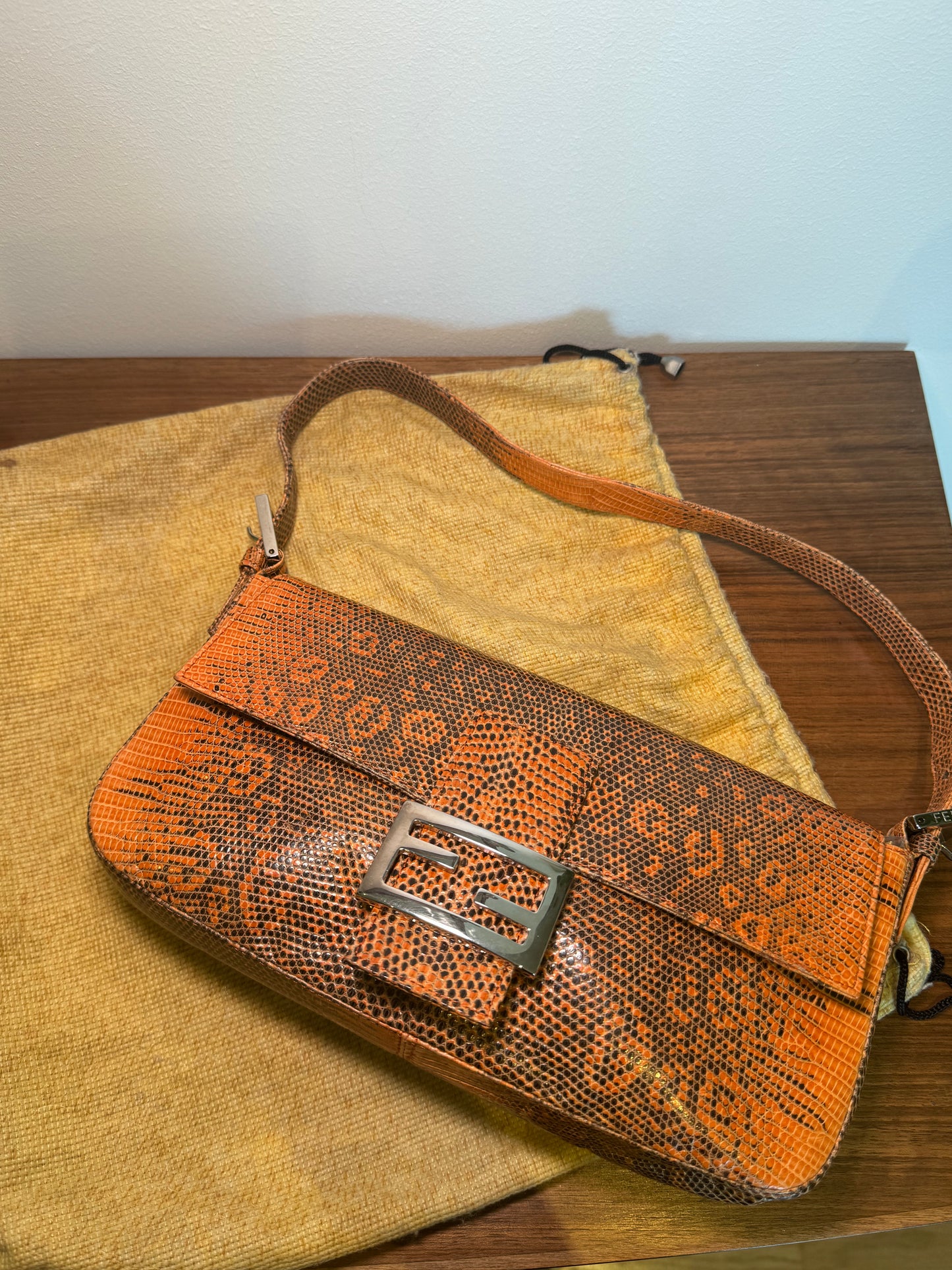 Fendi Baguette 1997 in Orange Lizard print leather