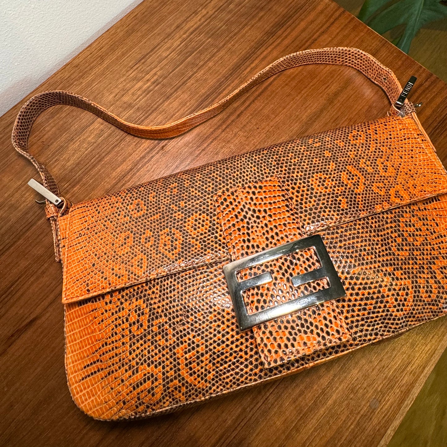 Fendi Baguette 1997 in Orange Lizard print leather