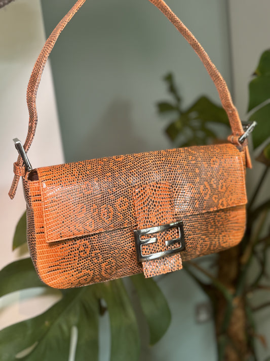 Fendi Baguette 1997 in Orange Lizard print leather